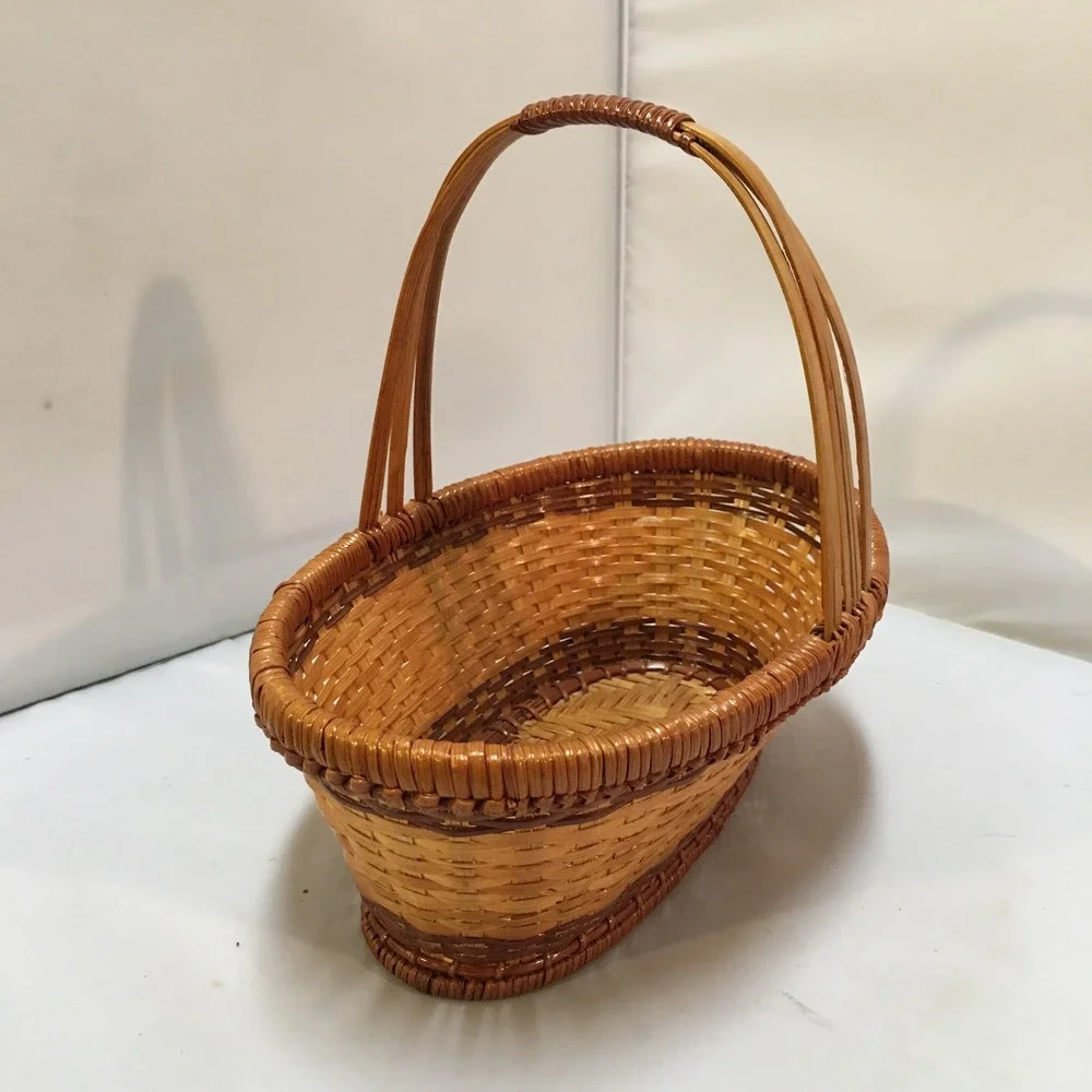 Woven Wicker Basket Home Decor Small Brown Two Tone Oval Handle Farmhouse